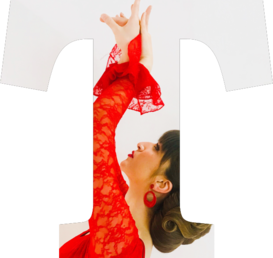 Η Βάσια Κατσιγιάννη, στραμμένη στο πλάι, κάνει μια κίνηση flamenco με τα χέρια της στραμμένα προς τα πάνω. Φοράει ένα εντυπωσιακό κόκκονο φόρεμα. Η φωτογραφία είναι κομμένη ώστε να σχηματίζει το γράμμα T..
